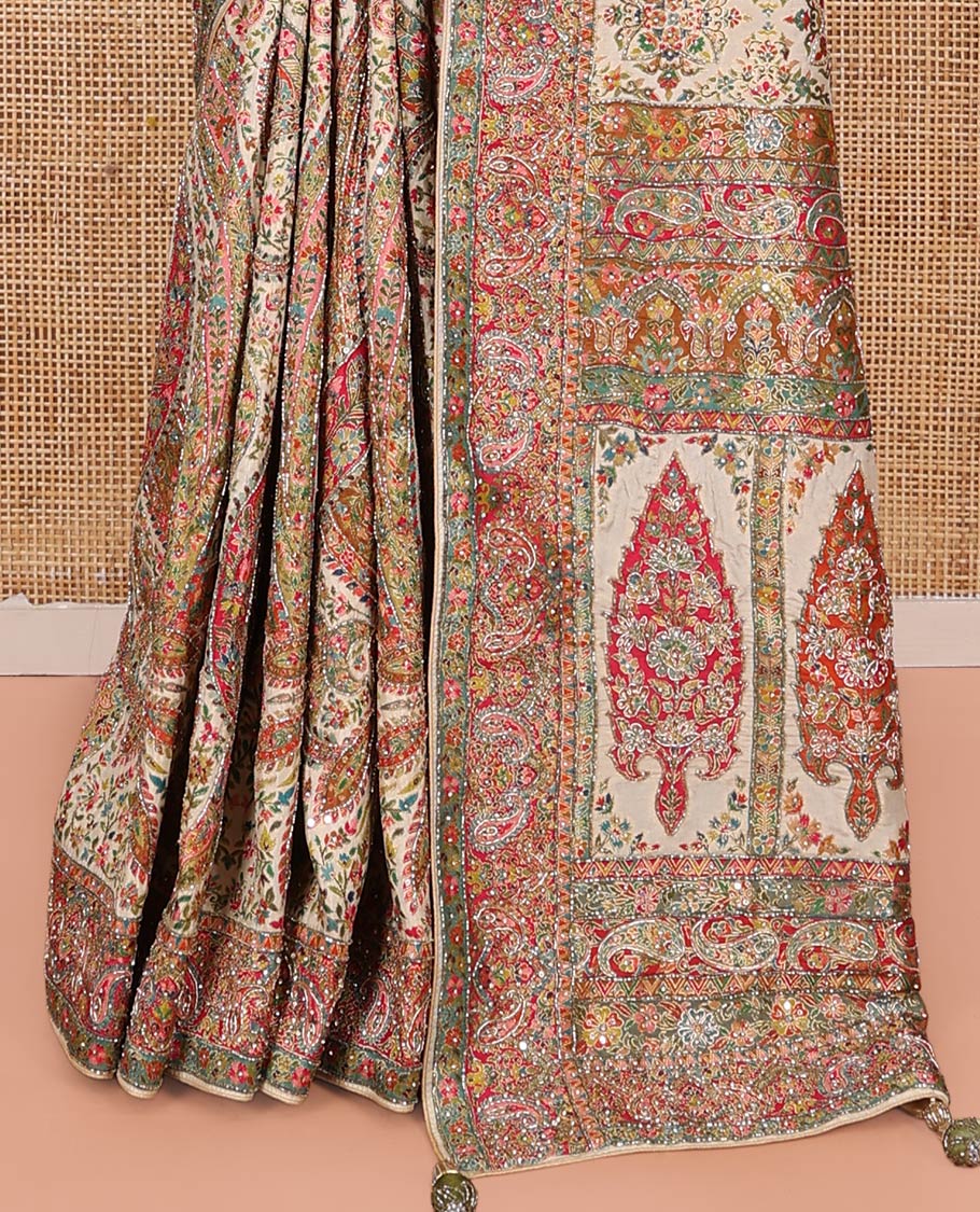 Multi-Color Dola Silk Saree, Masterfully Printed with Colorful Floral-Paisley Design on Its Body, Complemented by Contrast Print and Embroidery Border, Intricately Designed Pallu, and Paired with a Matching Blouse