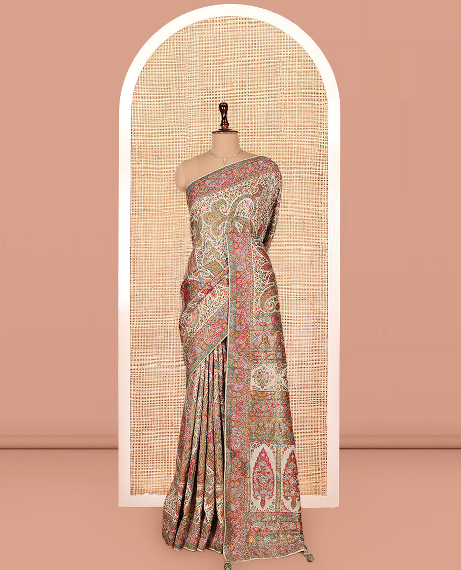 Multi-Color Dola Silk Saree, Masterfully Printed with Colorful Floral-Paisley Design on Its Body, Complemented by Contrast Print and Embroidery Border, Intricately Designed Pallu, and Paired with a Matching Blouse