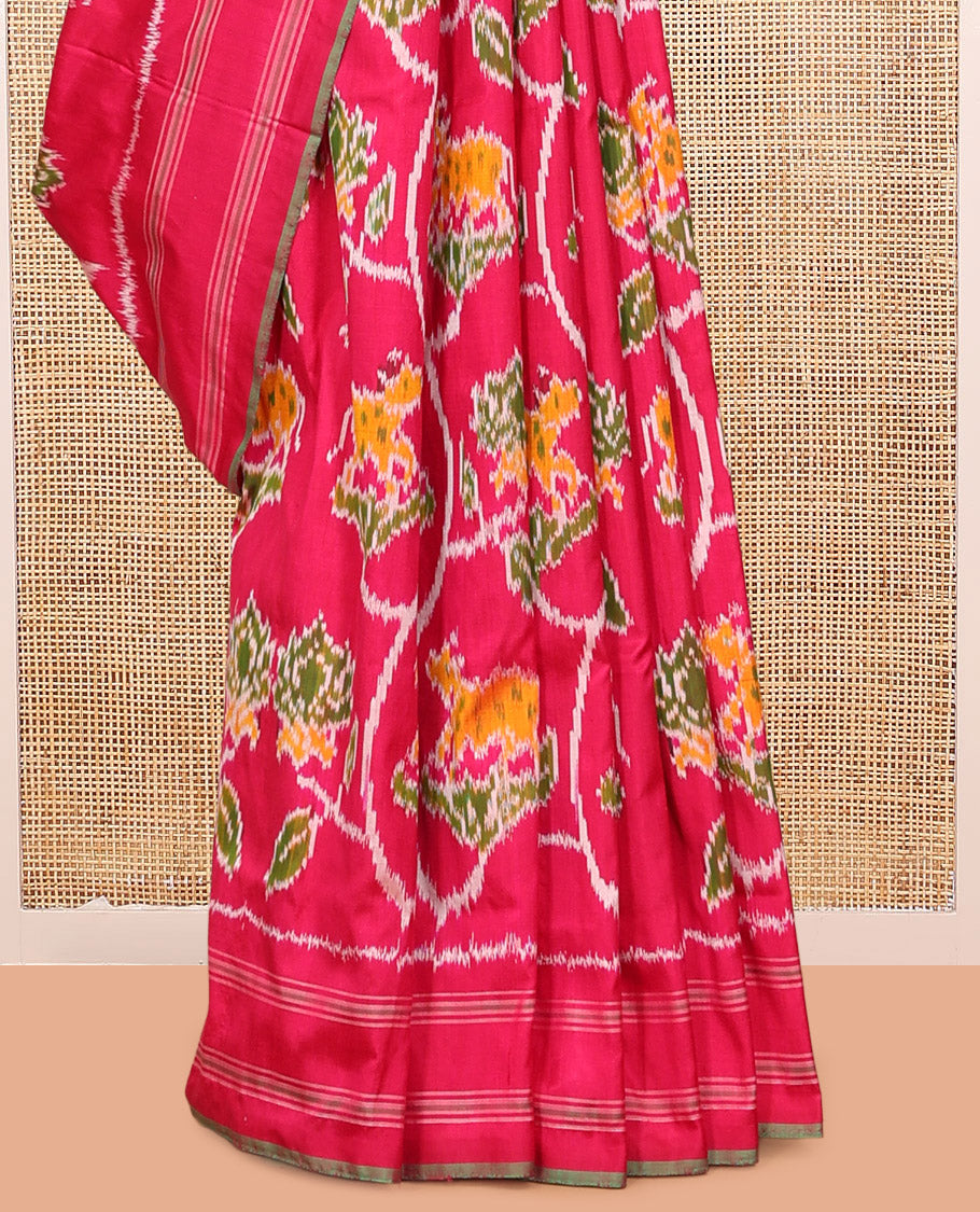 Pink Floral-Pichwai Cow Pochampally Ikat Saree, a Self-Border