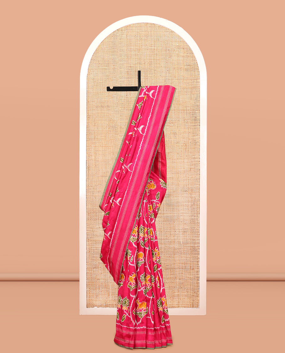 Pink Floral-Pichwai Cow Pochampally Ikat Saree, a Self-Border