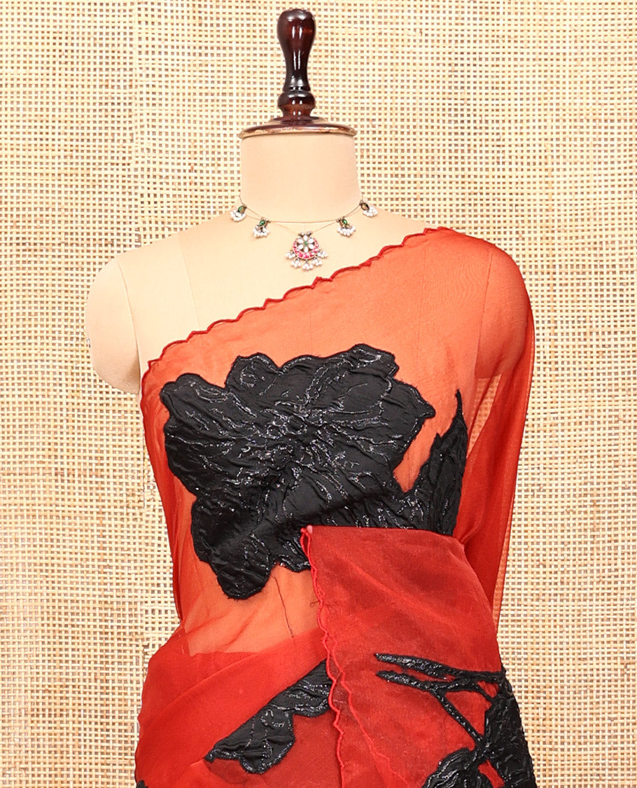 Red Turkey Organza Saree Depicting Floral Applique Embroidery, a Scallop Border, Matching Blouse