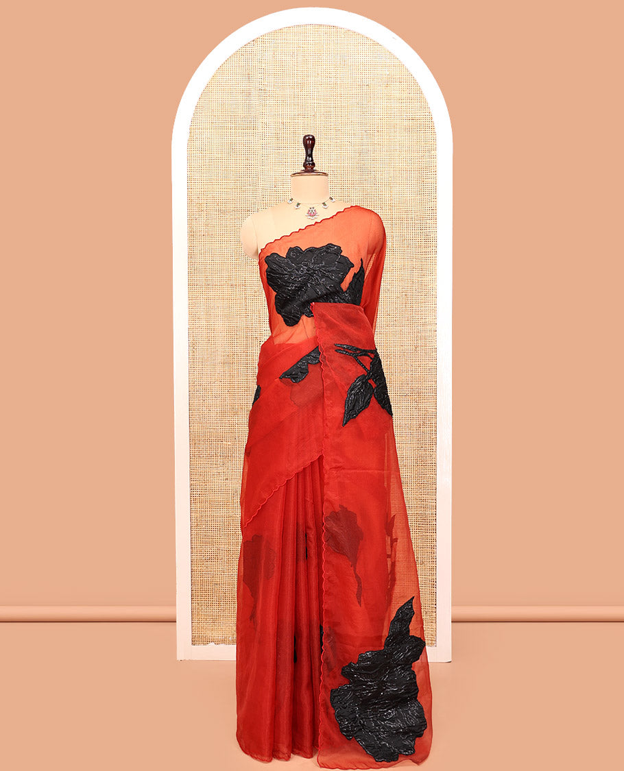 Red Turkey Organza Saree Depicting Floral Applique Embroidery, a Scallop Border, Matching Blouse