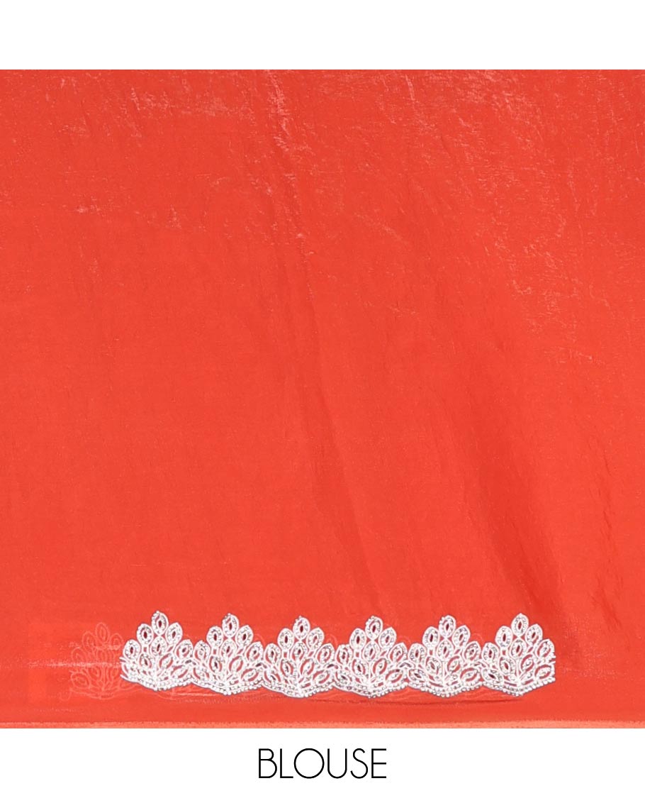 Orange designer saree with silver embroidery thread, intricate motifs & scallop embroidery boder