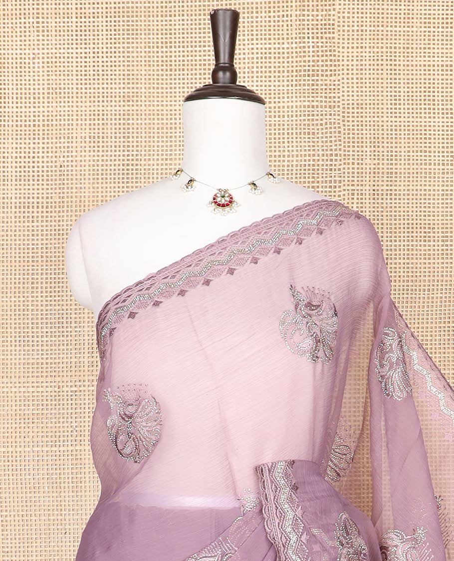 Lavender embroidered designer saree features peacock motifs in micro-stone, scallop thread & stone embroidery border