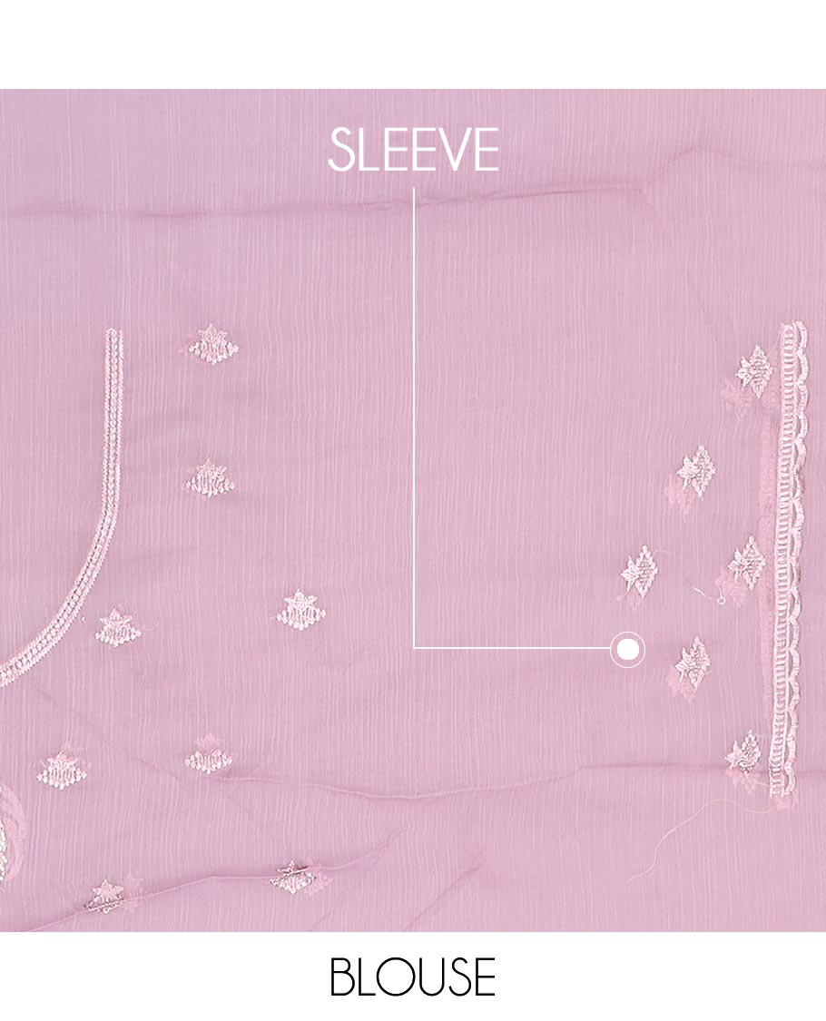 Lavender embroidered designer saree features peacock motifs in micro-stone, scallop thread & stone embroidery border