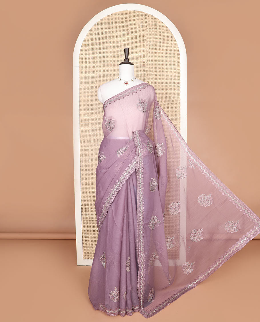 Lavender embroidered designer saree features peacock motifs in micro-stone, scallop thread & stone embroidery border