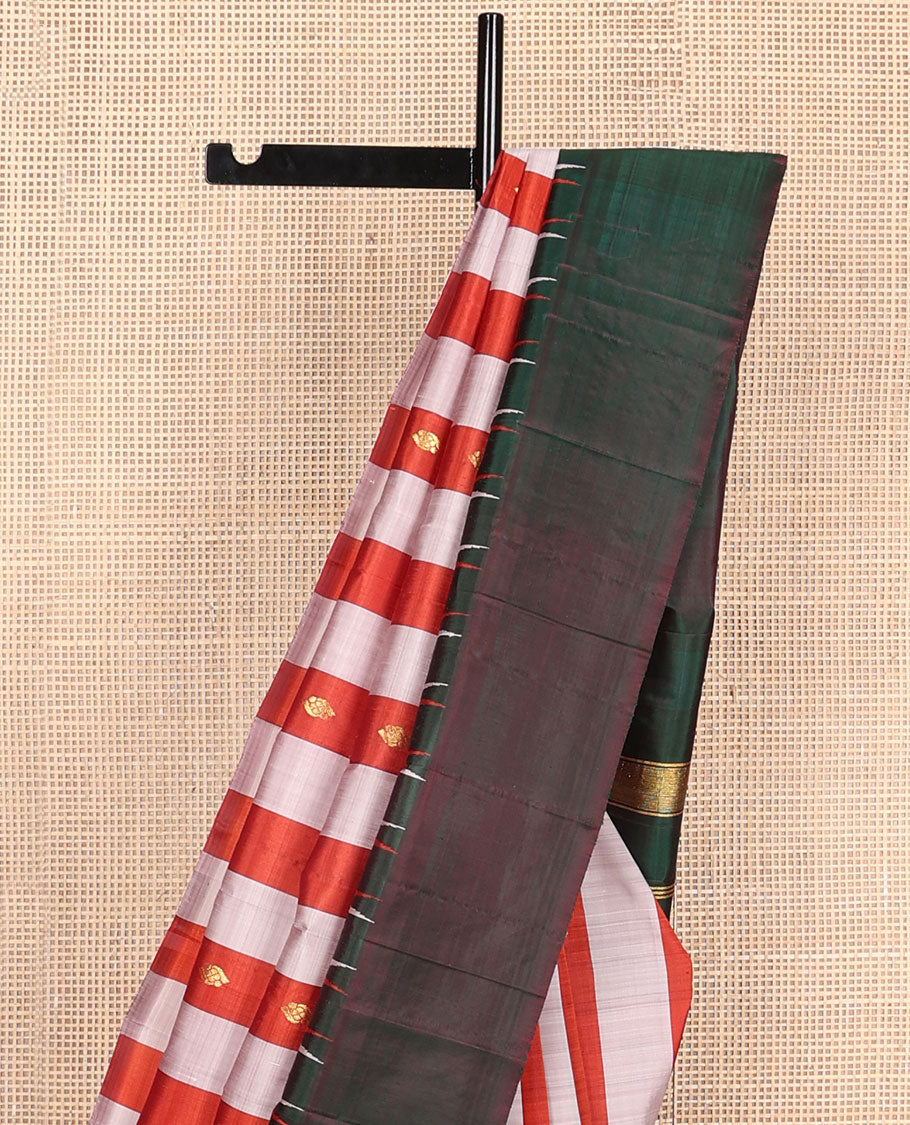 Red-pink stripes & zari buttas kanchipuram silksaree, contrast one-sided thazampoo rekku border & zari design pallu