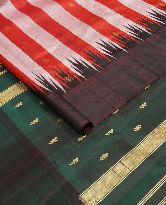 Red-pink stripes & zari buttas kanchipuram silksaree, contrast one-sided thazampoo rekku border & zari design pallu
