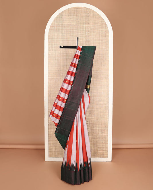 Red-pink stripes & zari buttas kanchipuram silksaree, contrast one-sided thazampoo rekku border & zari design pallu