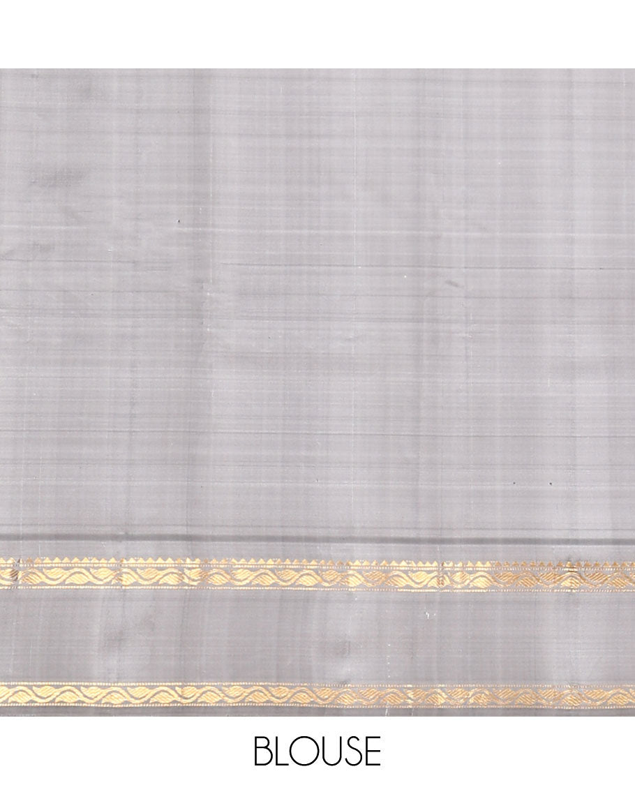 Yellow-white striped kanchipuram silk saree, contrast rettai pettu border of rekku, muthu & leaf vine & pallu of zari stripes