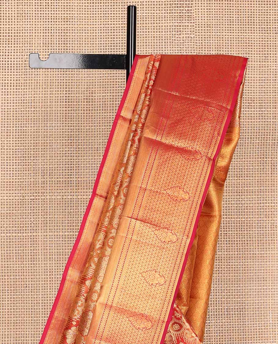 Red jacquard tissue silk saree, jaal pallu & zari border of thilakam mokku, muthu, neli & jaal designs