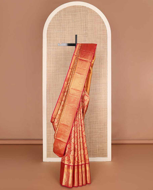 Red jacquard tissue silk saree, jaal pallu & zari border of thilakam mokku, muthu, neli & jaal designs