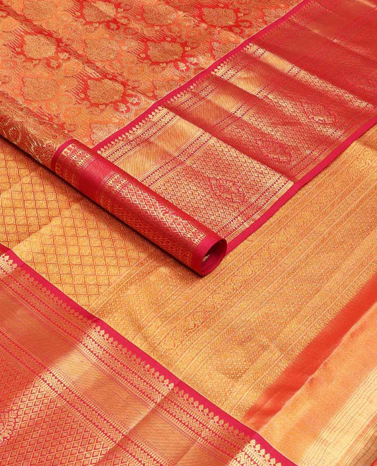 Red jacquard tissue silk saree, jaal pallu & zari border of thilakam mokku, muthu, neli & jaal designs