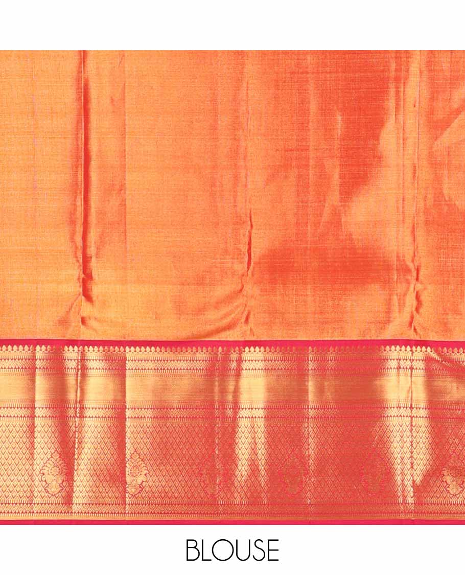 Red jacquard tissue silk saree, jaal pallu & zari border of thilakam mokku, muthu, neli & jaal designs