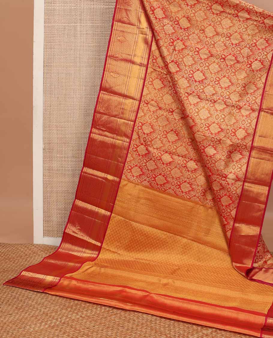 Red jacquard tissue silk saree, jaal pallu & zari border of thilakam mokku, muthu, neli & jaal designs