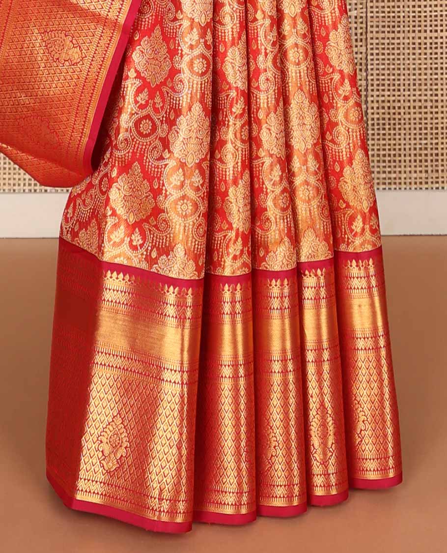 Red jacquard tissue silk saree, jaal pallu & zari border of thilakam mokku, muthu, neli & jaal designs