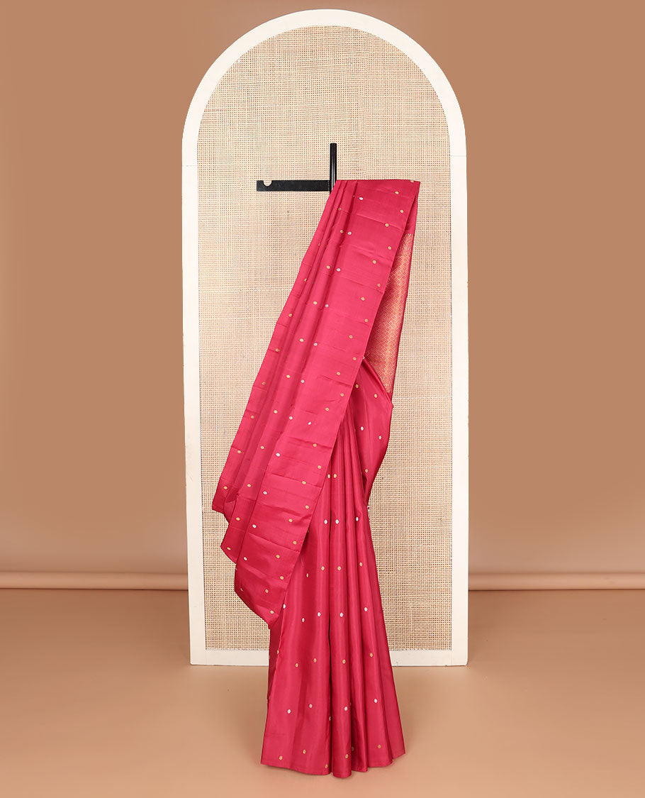 Borderless red poun buttas Kanchipuram silk saree, self-pallu of thilakam mokku, muthu, yaanai & jaal designs