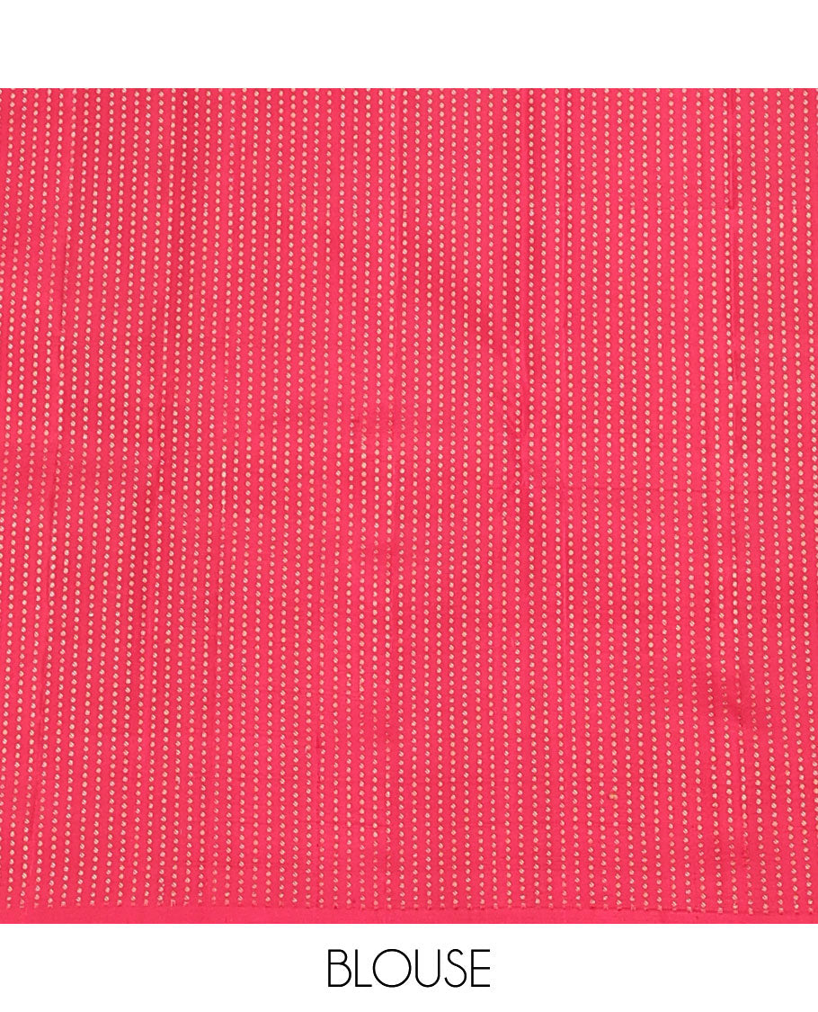 Borderless red poun buttas Kanchipuram silk saree, self-pallu of thilakam mokku, muthu, yaanai & jaal designs
