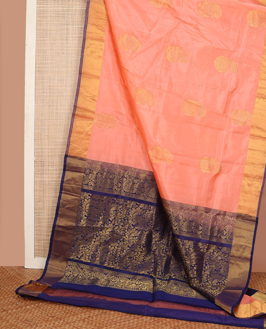 Peach manga zari buttas Kanchipuram silk saree, contrast bavanji border & pallu of floral designs