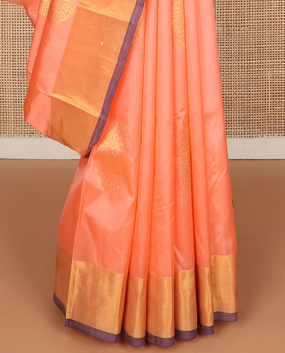 Peach manga zari buttas Kanchipuram silk saree, contrast bavanji border & pallu of floral designs