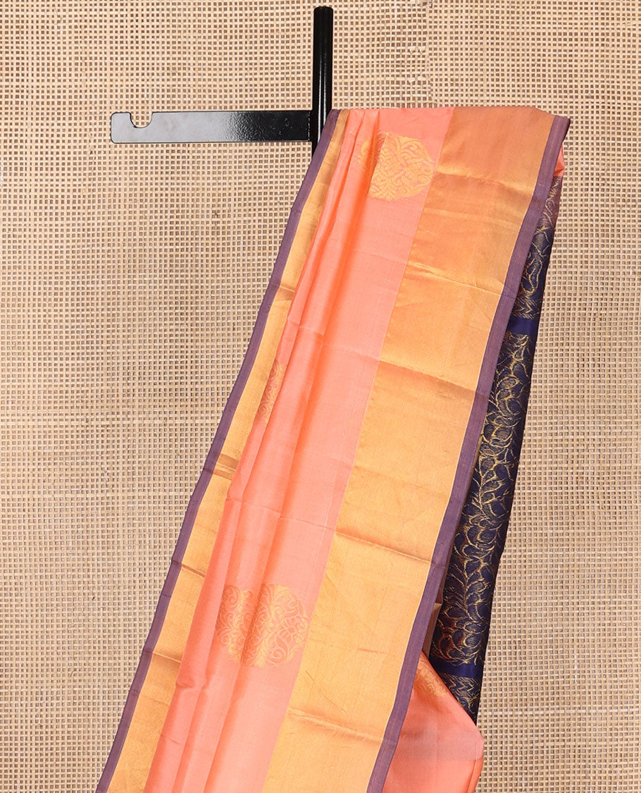 Peach manga zari buttas Kanchipuram silk saree, contrast bavanji border & pallu of floral designs