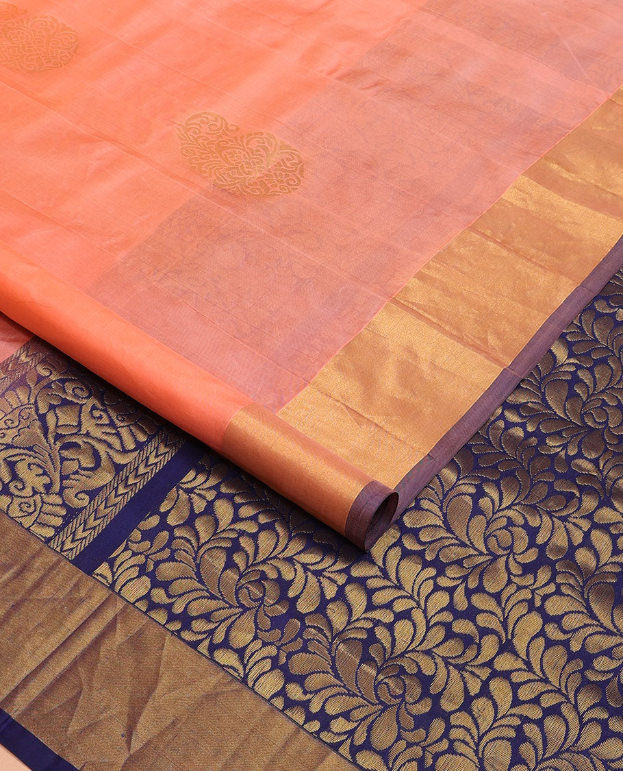 Peach manga zari buttas Kanchipuram silk saree, contrast bavanji border & pallu of floral designs