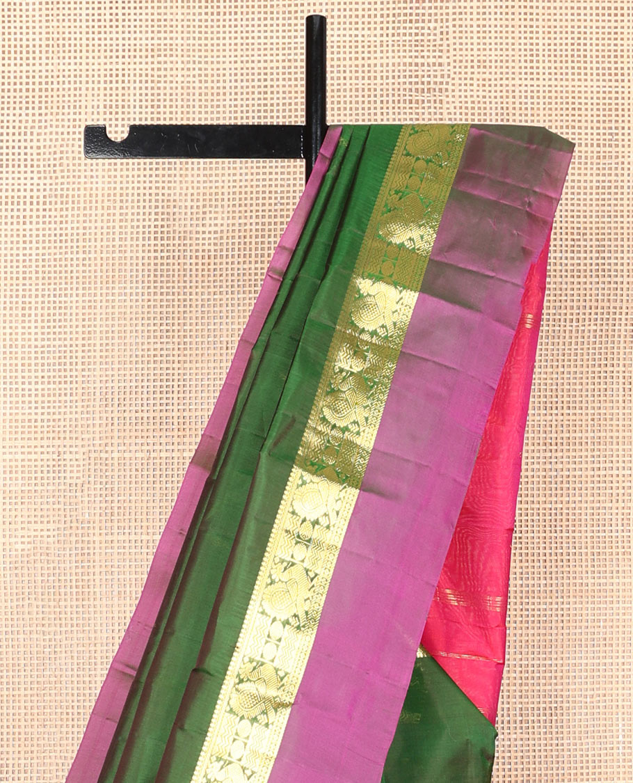 Green dual-tone zari buttas silk saree, contrast border of salngai, rudraksham,vanki & mayil & zari design pallu