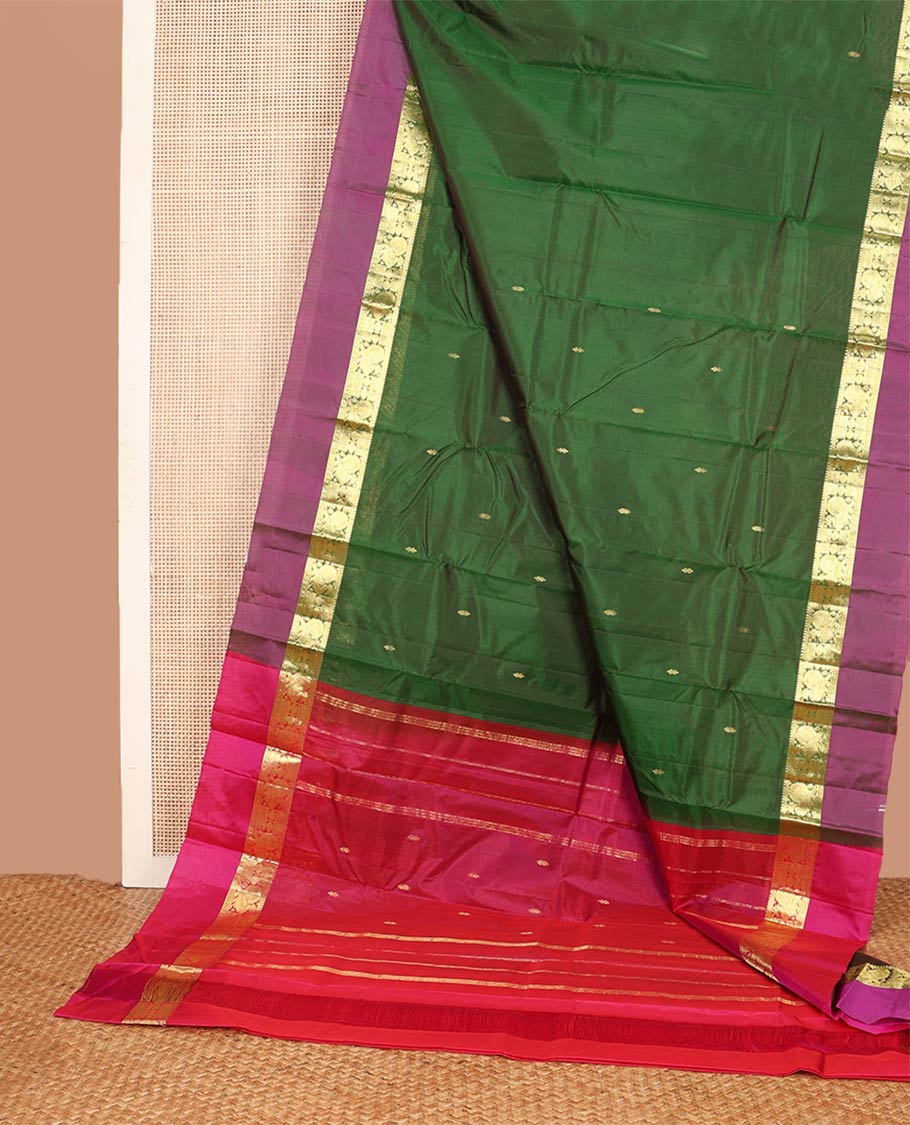 Green dual-tone zari buttas silk saree, contrast border of salngai, rudraksham,vanki & mayil & zari design pallu