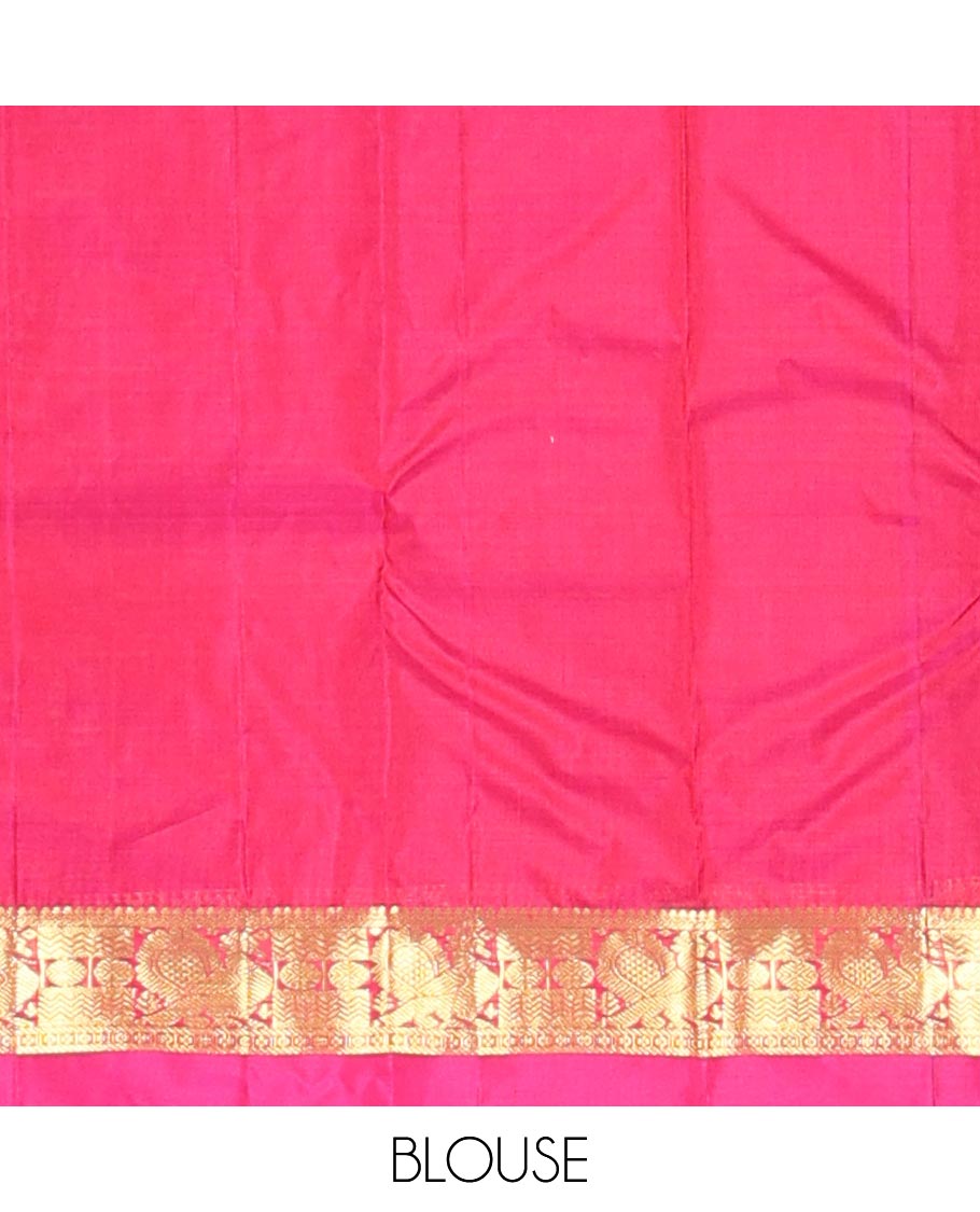Green dual-tone zari buttas silk saree, contrast border of salngai, rudraksham,vanki & mayil & zari design pallu