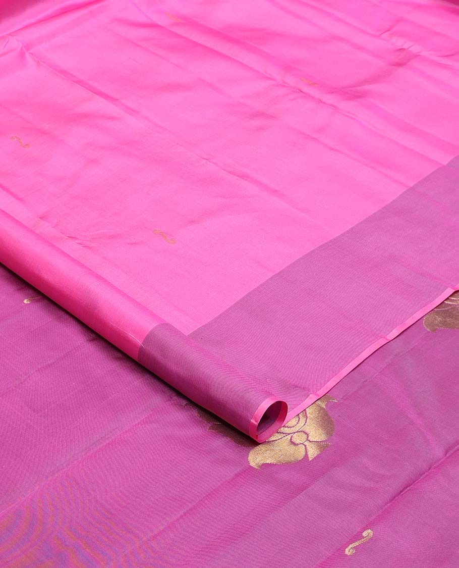 Pink zari buttas Kanchipuram silk saree, contrast manga design border, and pallu of manga zari designs
