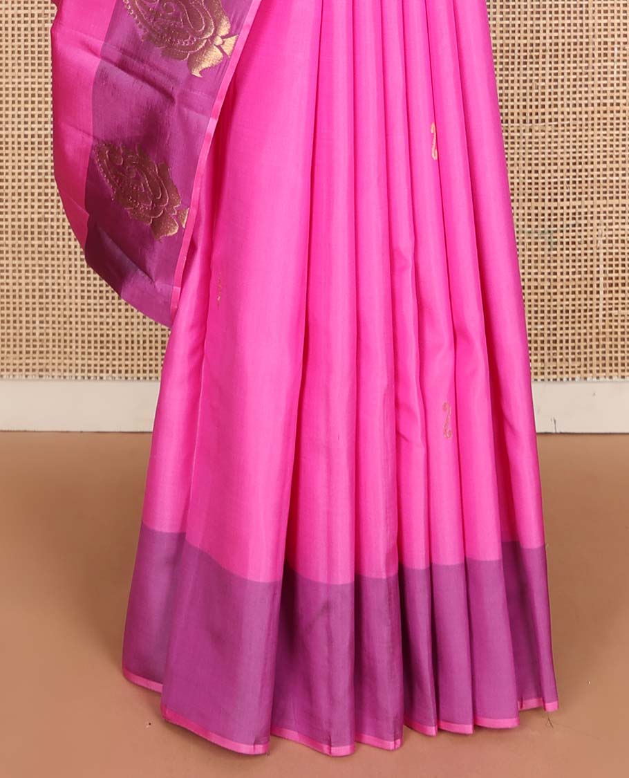 Pink zari buttas Kanchipuram silk saree, contrast manga design border, and pallu of manga zari designs