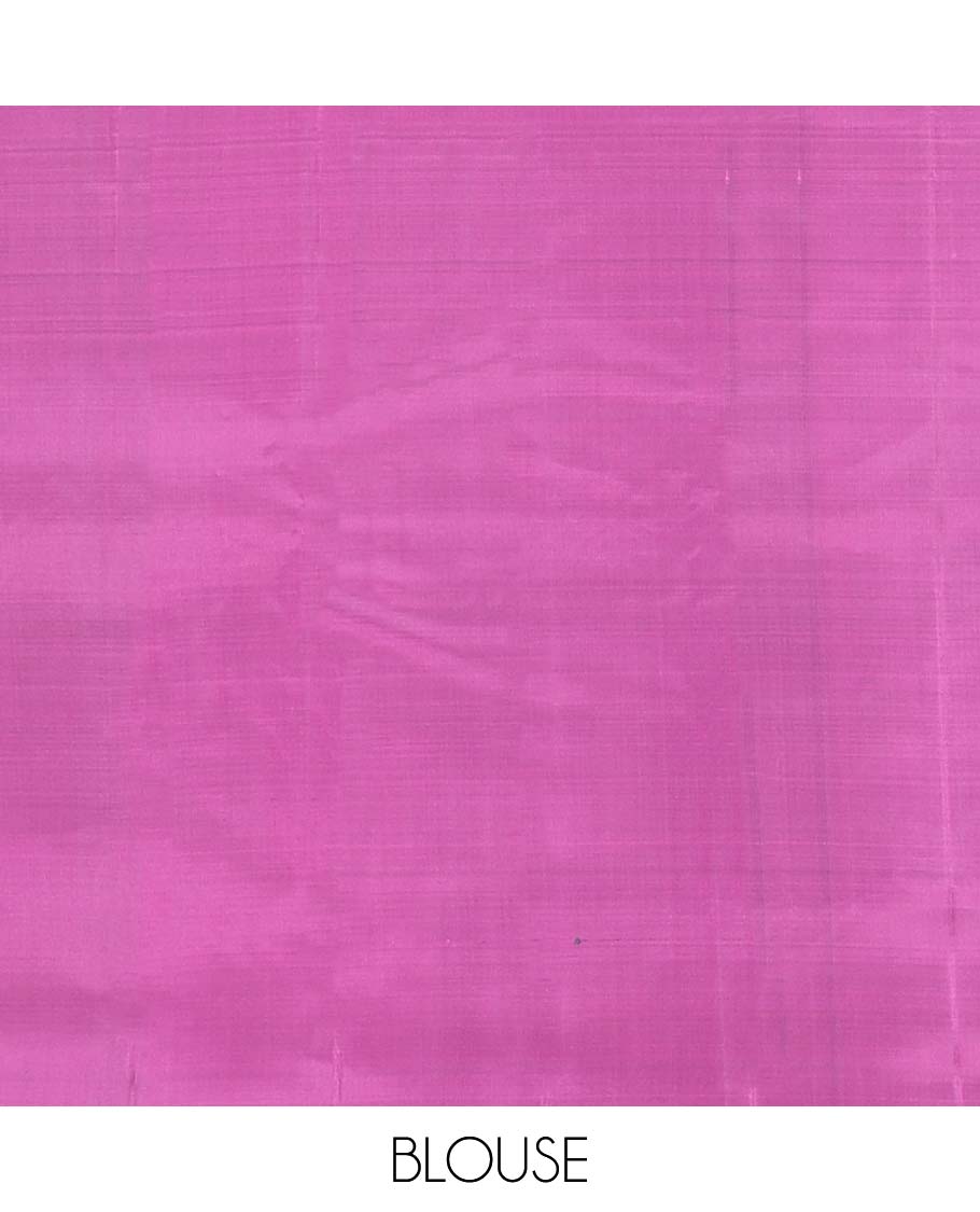 Pink zari buttas Kanchipuram silk saree, contrast manga design border, and pallu of manga zari designs