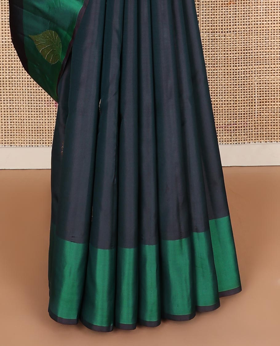 Blue zari buttas Kanchipuram silk saree, contrast leaf motifs zari border, and floral zari design pallu