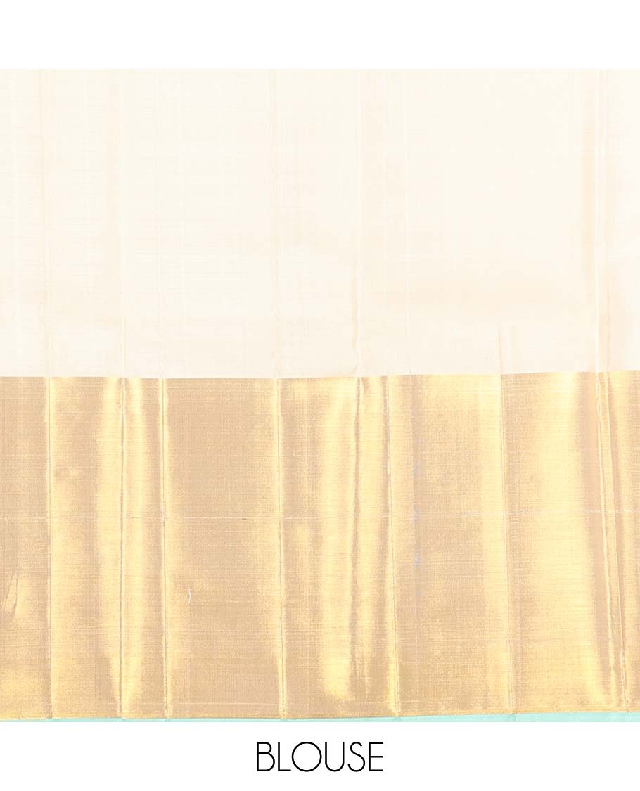 Cream jacquard Kanchipuram silk saree, zari border of mayil kann, and meenakari maan designs, and geometric pallu