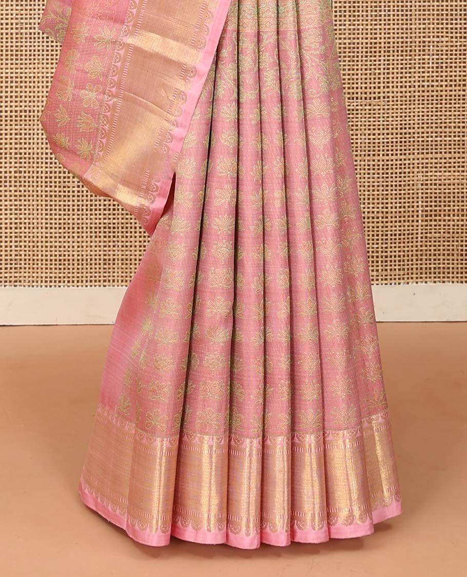 Pink floral motifs woven Kanchipuram designer saree, zari border, and zari-rich jaal pallu