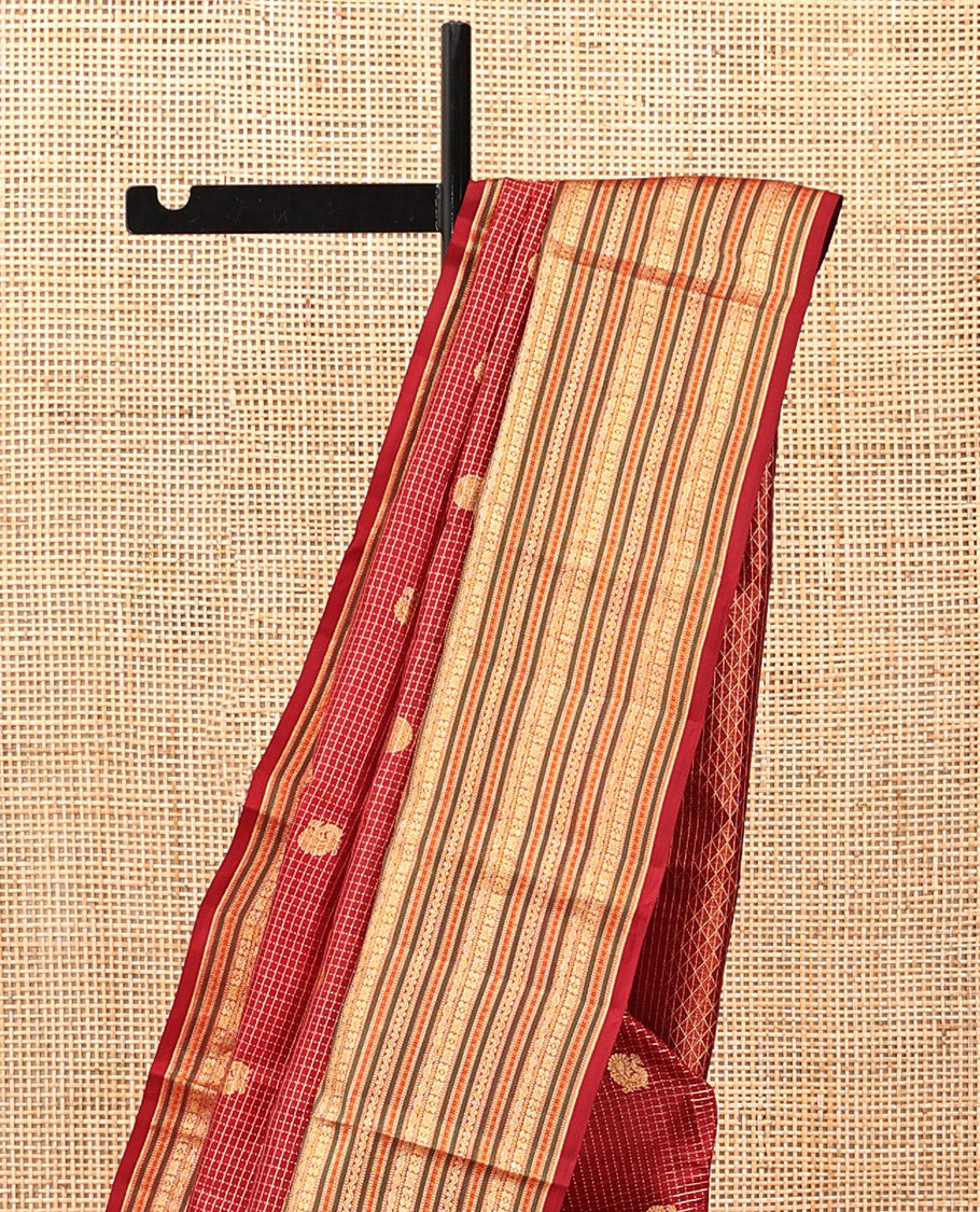 Red Kanchipuram Silk Saree, Woven with Zari Buttas and Checks, a Zari Jacquard Border, Jaal Pallu, and a Matching Blouse