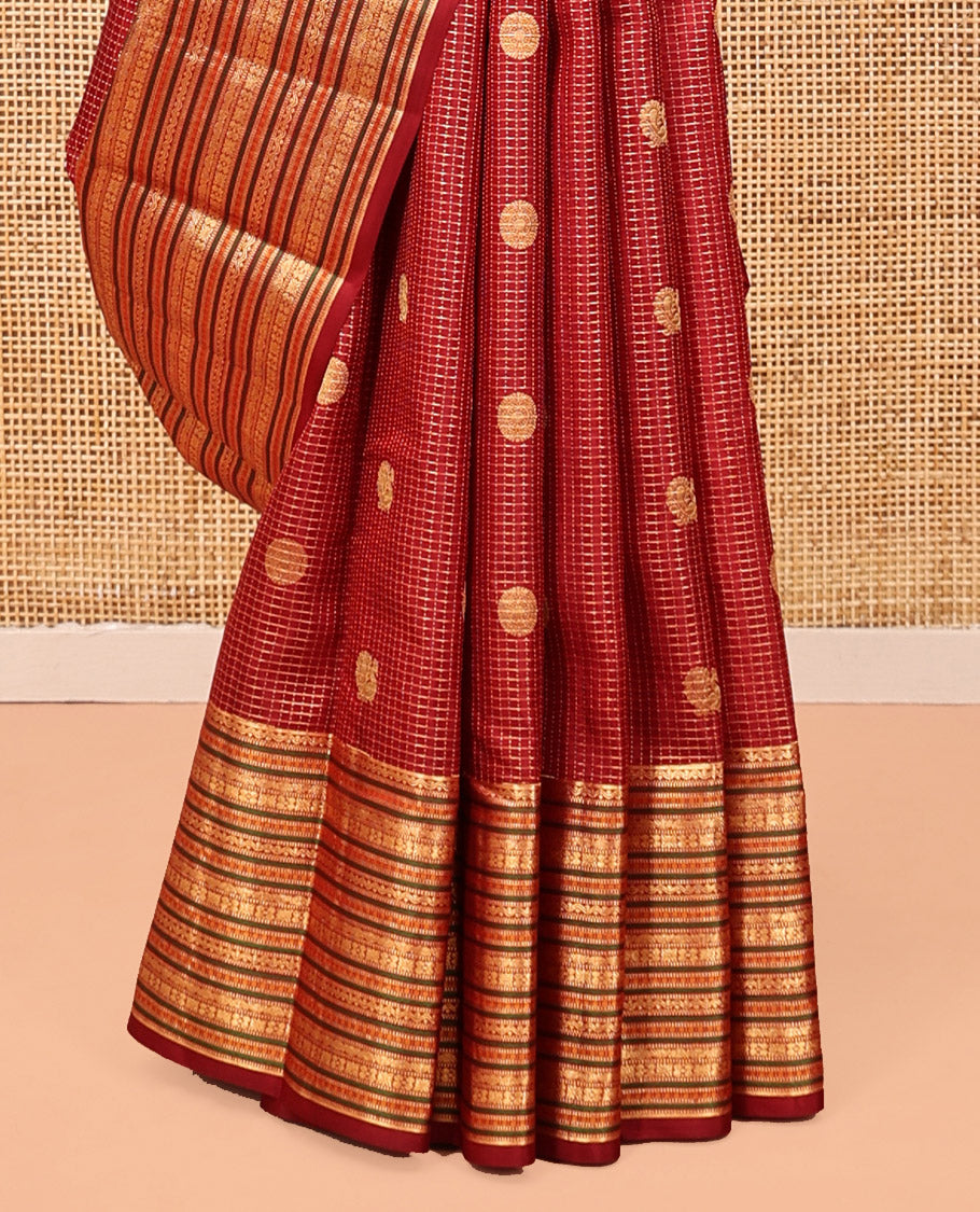 Red Kanchipuram Silk Saree, Woven with Zari Buttas and Checks, a Zari Jacquard Border, Jaal Pallu, and a Matching Blouse