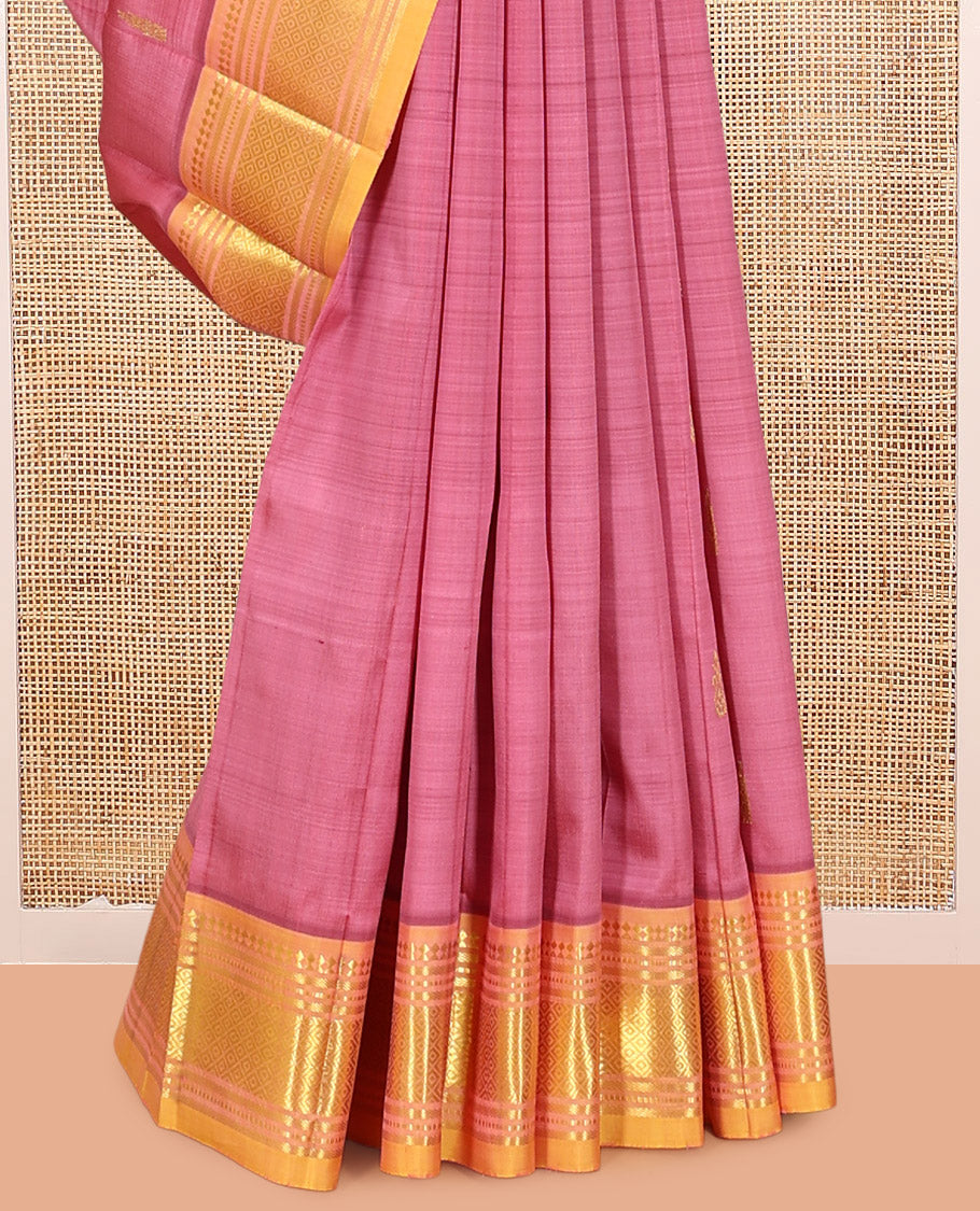 Pink Kanchipuram Silk Saree, Decked Up with Zari Buttas, Complemented by a Contrast Border of Panner Sombu, Banaras, Muthu, and Mayil Kann Design, Pallu of Zari Design, and No Blouse