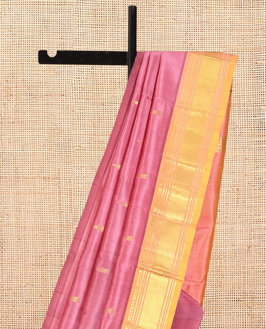Pink Kanchipuram Silk Saree, Decked Up with Zari Buttas, Complemented by a Contrast Border of Panner Sombu, Banaras, Muthu, and Mayil Kann Design, Pallu of Zari Design, and No Blouse
