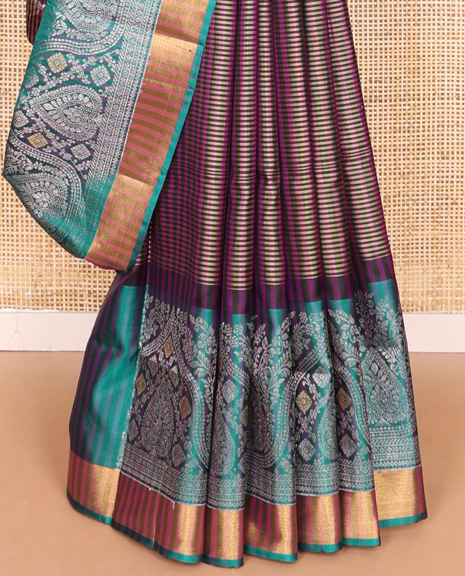 Purple checked mayuri soft silk saree with contrast traditional zati design & ikkat style floral design pallu