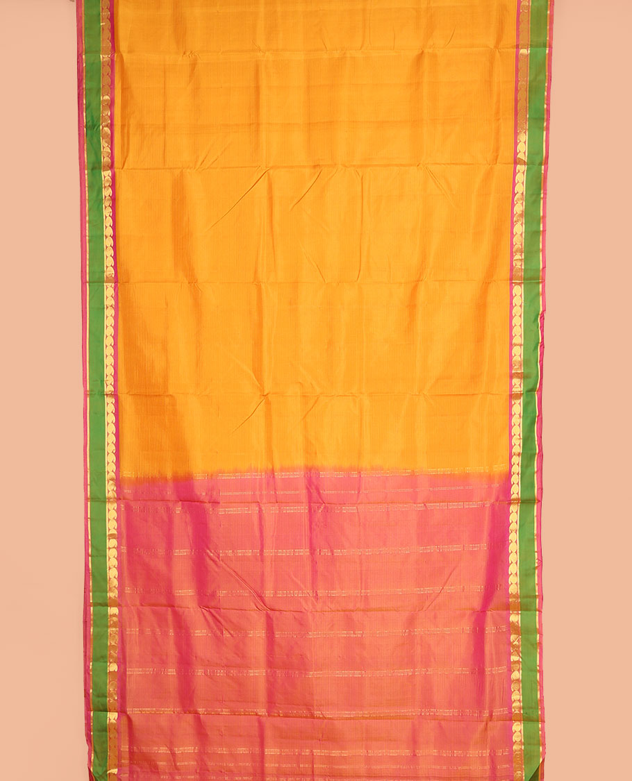 Mango yellow vazhaipoo striped ten-yard silk saree, contrast rettai pettu border of kathir & kuyil kann manga design & zari striped pallu