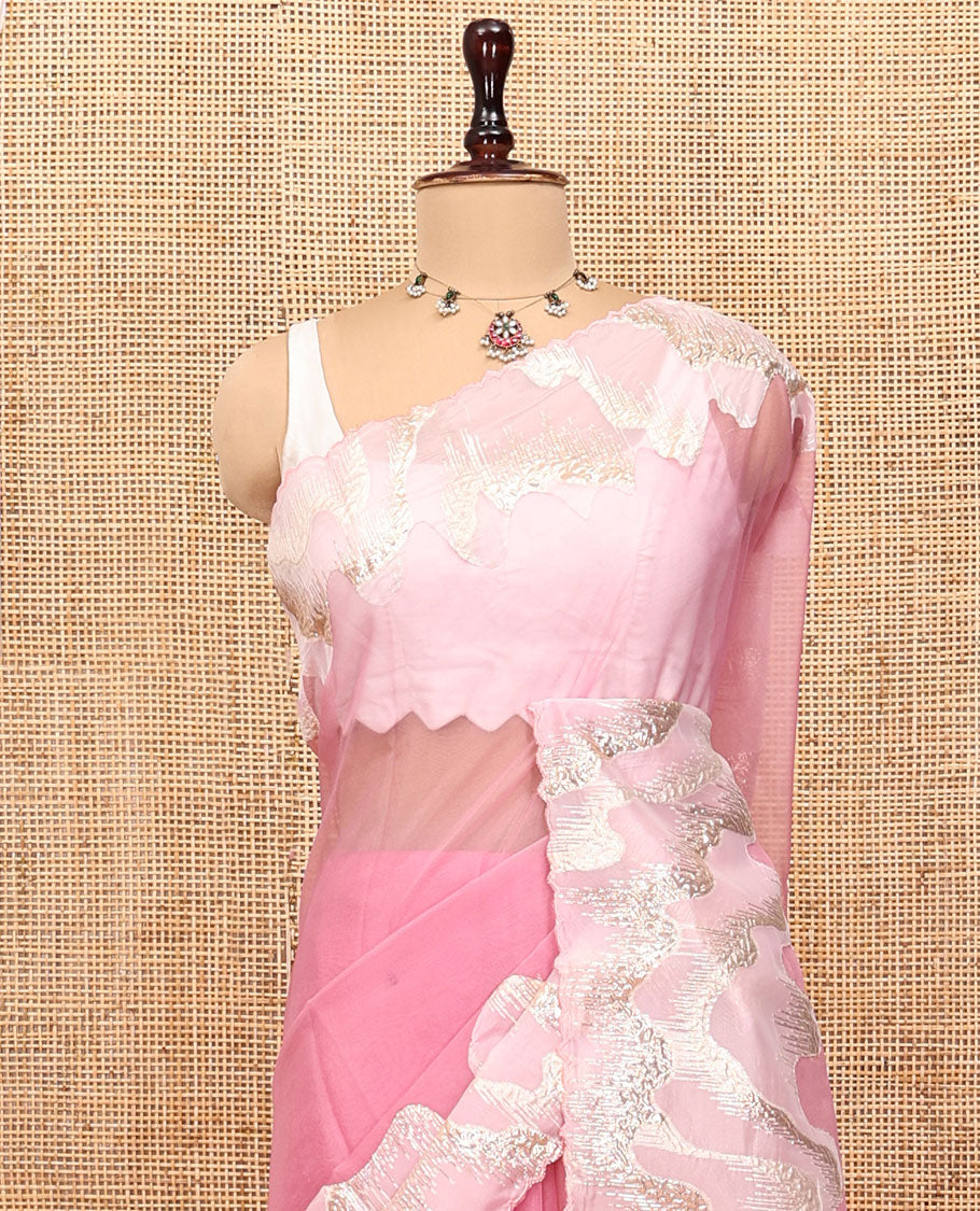 Pink Plain Organza Saree, Complemented by a Contrasting Gleaming Golden-Foil Floral Embroidery Border and a Matching Blouse