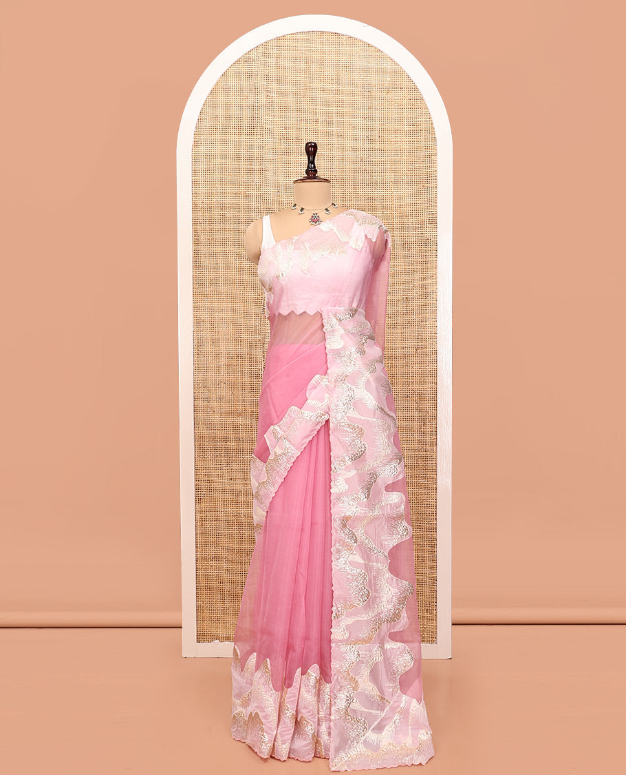 Pink Plain Organza Saree, Complemented by a Contrasting Gleaming Golden-Foil Floral Embroidery Border and a Matching Blouse