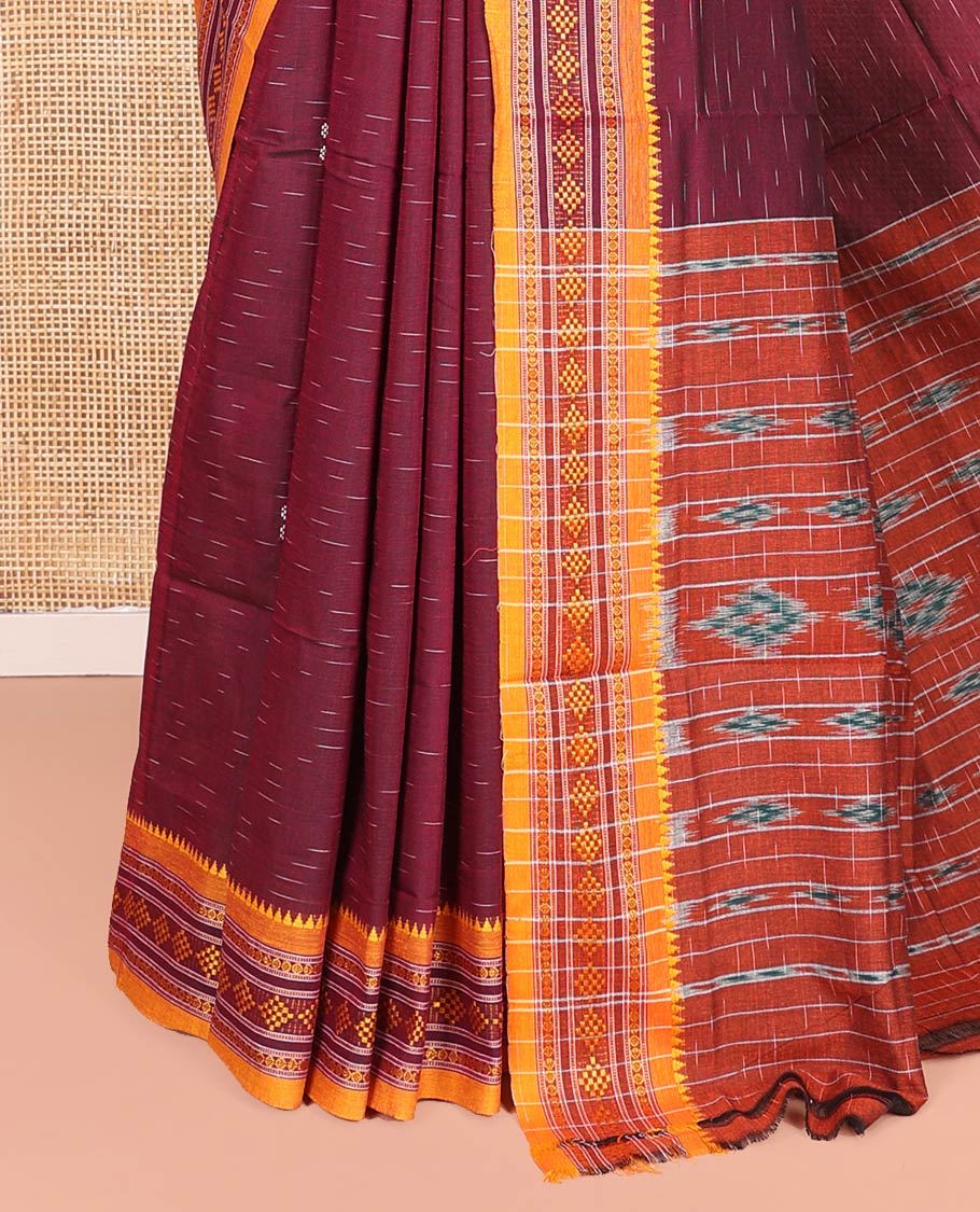 Maroon Odisha Cotton Saree, Subtly Woven with Buttas All Over the Body, Complemented by a Contrast Temple Border of Geometric Thread Patterns, Pallu Depicts Geometric Patterns, and Has No Blouse