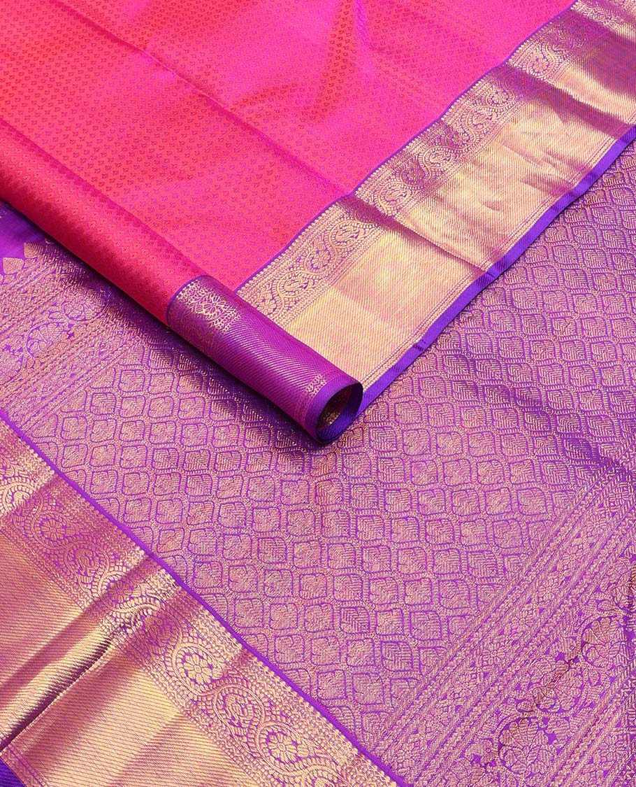 pink floral design silk saree with self border of thilakam mokku, muthu , kodi visiry, banaras design & zari design pallu