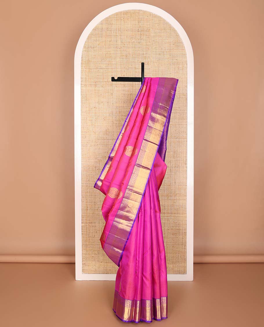 pink floral design silk saree with self border of thilakam mokku, muthu , kodi visiry, banaras design & zari design pallu