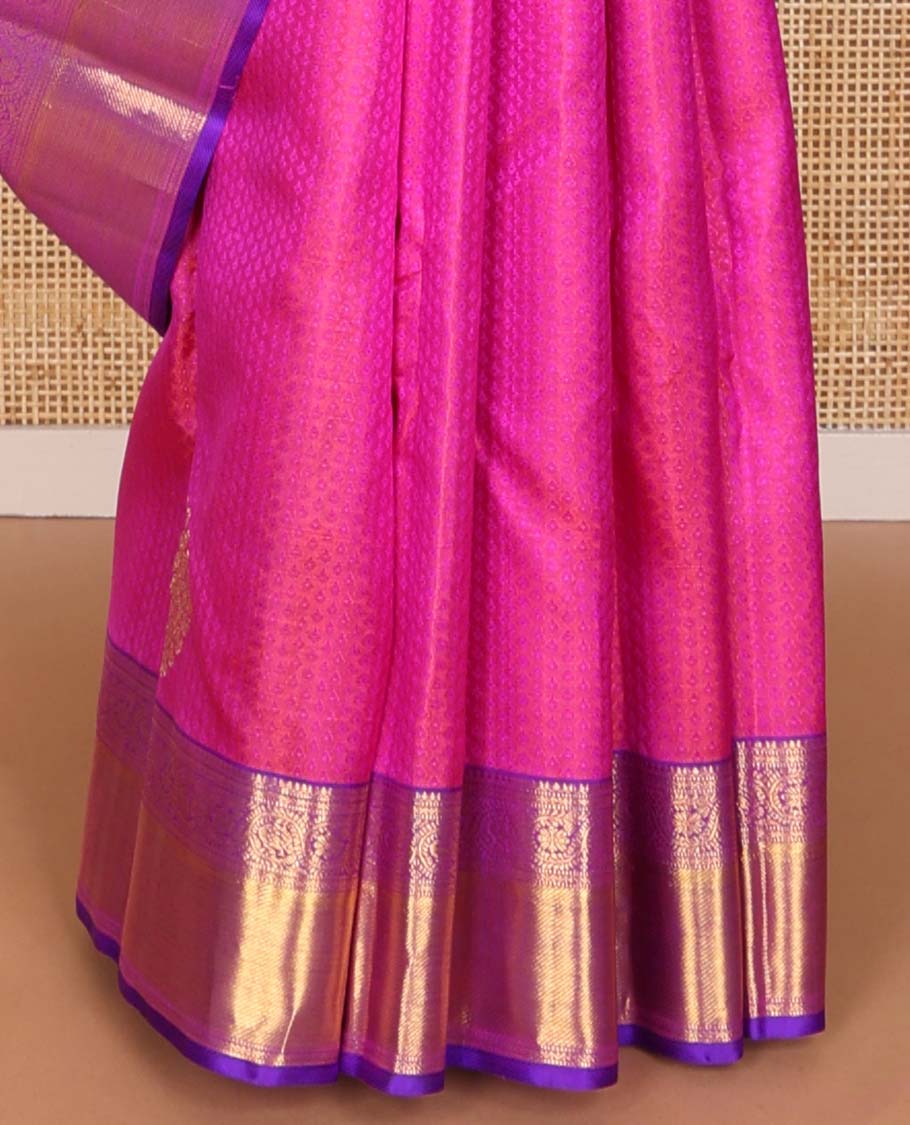 pink floral design silk saree with self border of thilakam mokku, muthu , kodi visiry, banaras design & zari design pallu