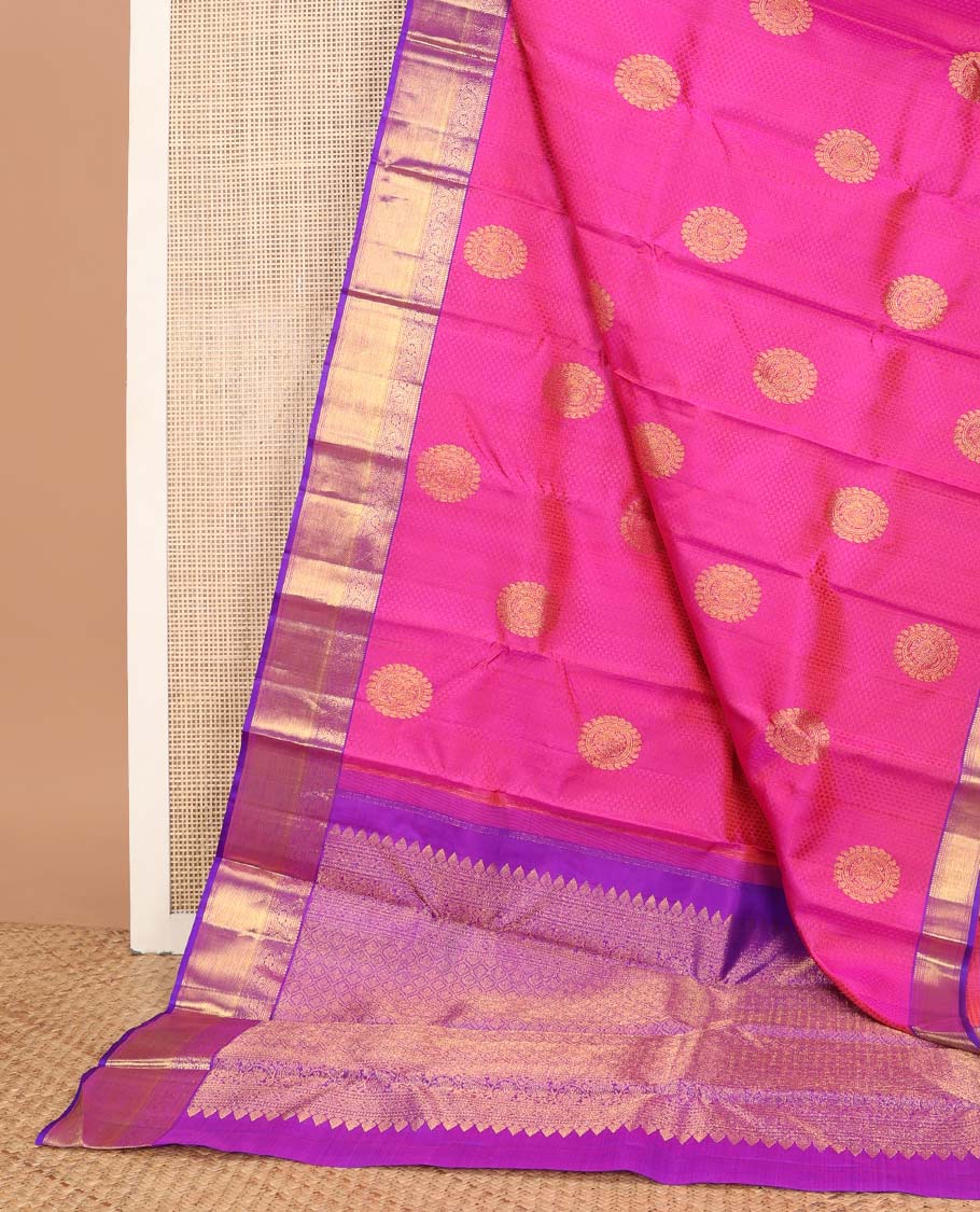 pink floral design silk saree with self border of thilakam mokku, muthu , kodi visiry, banaras design & zari design pallu
