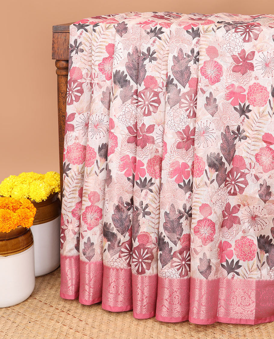 Cream with pink allover digital floral print with copper zari weaving design semi dupion silk saree , contrast zari jacqaurd border & contrast weaving rich pallu , small digital floral print blouse