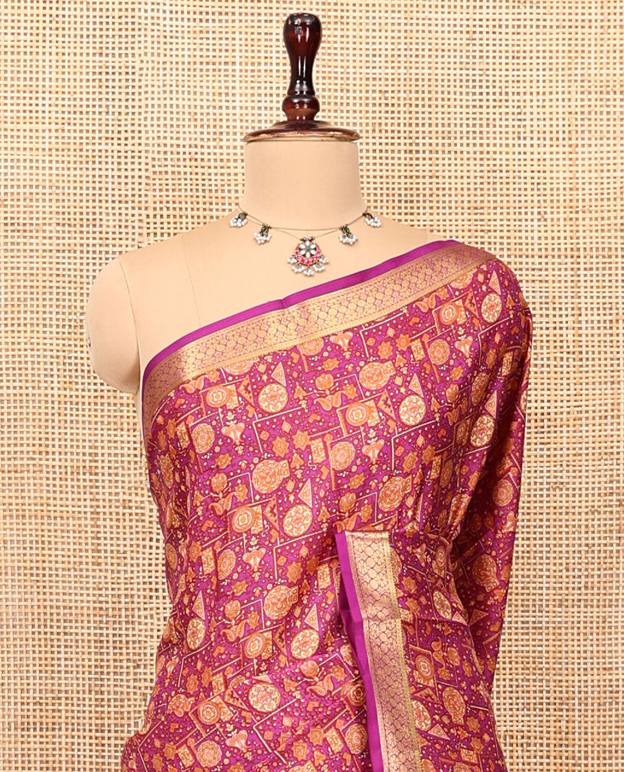 Magenta Printed Silk Saree Features an Intricate Design, a Traditional Zari Border, an Intricate Pallu, and Matching Blouse